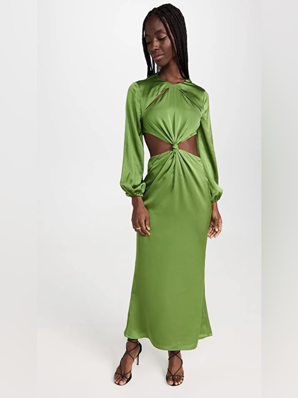 Fame and Partners Green Satin Long-Sleeve Cutout Maxi Dress